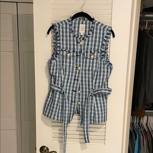 Cinq à Sept Navy and White Striped Ruffle Blouse